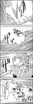 0_0 1girl 4koma animal_ears braid cat_ears cat_tail comic commentary daiyousei dress fairy_wings forest greyscale hair_ribbon hand_behind_head hand_on_hip highres jumping kaenbyou_rin monochrome multiple_tails nature on_head open_mouth person_on_head pointy_ears pose ribbon side_ponytail sidelocks smile sparkle sweatdrop tail tani_takeshi touhou translated tree twin_braids wings yukkuri_shiteitte_ne 