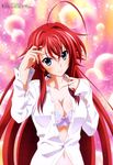  absurdres ahoge bra breasts cleavage dress_shirt gotou_junji high_school_dxd high_school_dxd_born highres huge_ahoge large_breasts long_hair megami navel non-web_source official_art red_hair rias_gremory shirt smile solo unbuttoned underwear very_long_hair 