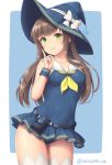  1girl anchor_hat_ornament bow breasts brown_hair green_eyes hat hat_bow index_finger_raised long_hair medium_breasts neckerchief one-piece_swimsuit original ribbon sailor_collar sasaame signature skirt smile swimsuit thighhighs twitter_username white_sailor_collar witch_hat wrist_cuffs yellow_neckwear 