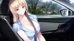  bangs between_breasts blonde_hair blue_eyes breasts car car_interior from_side game_cg ground_vehicle ichikawa_saasha jewelry jounoin_kaho large_breasts light_smile long_hair looking_at_viewer motor_vehicle necklace neyuki_no_gen'ei seatbelt short_sleeves sitting smile solo strap_cleavage tree upper_body 