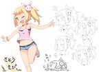  blonde_hair blush bracelet bunny_hair_ornament character_sheet denim denim_shorts fang hair_ornament jewelry navel one_eye_closed original outstretched_arms red_eyes sandals sasago_kaze short_shorts shorts side_ponytail smile spread_arms tank_top tears 