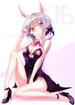  animal_ears blush breasts bunny_ears bunnysuit cleavage detached_collar earrings food haruka_natsuki high_heels jewelry june large_breasts looking_at_viewer no_socks original popsicle red_eyes side_ponytail silver_hair sitting solo sweat 