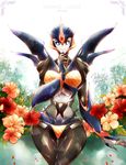  1girl arcee autobot bikini blue_eyes breasts flower mecha_girl swimsuit transformers transformers_prime 