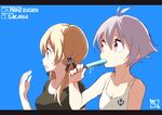  anchor_hair_ornament anchor_symbol antenna_hair bad_id bad_twitter_id black_shirt blonde_hair blue_background blue_eyes brown_eyes character_name collarbone eating food food_in_mouth hair_ornament kantai_collection long_hair multiple_girls no_hat no_headwear popsicle prinz_eugen_(kantai_collection) purple_hair sakawa_(kantai_collection) shirt short_hair short_sleeves simple_background souji sweat tank_top twintails upper_body 