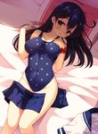  ahoge black_hair blonde_hair blush breasts covered_navel hand_on_own_chest highres impossible_clothes impossible_swimsuit kantai_collection large_breasts long_hair looking_at_viewer lying on_back on_bed one-piece_swimsuit open_clothes open_skirt pillow polka_dot polka_dot_swimsuit scrunchie skirt skirt_removed solo swimsuit ushio_(kantai_collection) wrist_scrunchie yuzu_modoki 