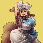  arms_behind_head arms_up blonde_hair breasts brown_eyes chanta_(ayatakaoisii) dress hat large_breasts looking_at_viewer multiple_tails open_mouth pillow_hat pose smile solo tabard tail touhou white_dress wide_sleeves yakumo_ran yellow_eyes 