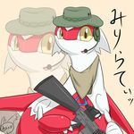  aokabike claws female hat japanese_text latias legendary_pok&eacute;mon looking_at_viewer microphone necklace nintendo open_mouth pok&eacute;mon text translation_request video_games weapon wings yellow_eyes 