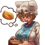  aburaage blonde_hair blush breasts chanta_(ayatakaoisii) dress food hat large_breasts pillow_hat solo tabard touhou upper_body white_dress yakumo_ran 