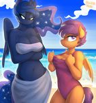  2015 aged_up anthro anthrofied beach big_breasts blue_hair breasts cleavage clothed clothing colored crossed_arms duo equine female friendship_is_magic glo-in-the-dark hair half-closed_eyes horn jerinov long_hair mammal my_little_pony navel nipples one-piece_swimsuit outside pegasus princess_luna_(mlp) purple_eyes purple_hair scootaloo_(mlp) seaside smile swimsuit winged_unicorn wings 