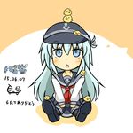  anchor_symbol bird black_legwear blue_eyes chestnut_mouth chibi chick dated expressive_hair flat_cap goodsun_sunkumi hat hibiki_(kantai_collection) kantai_collection long_hair long_sleeves neckerchief school_uniform serafuku silver_hair solo 