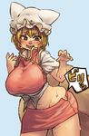  blonde_hair blush breasts chanta_(ayatakaoisii) chen chen_(cosplay) cosplay curvy fox_tail hat huge_breasts midriff multiple_tails open_mouth pillow_hat plump ripping shirt skirt skirt_set solo tail tearing_clothes thick_thighs thighs torn_clothes touhou undersized_clothes vest wide_hips yakumo_ran 