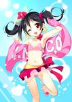  ;d armpits bikini black_hair flat_chest flower hair_flower hair_ornament hibiscus highres love_live! love_live!_school_idol_project one_eye_closed open_mouth polka_dot polka_dot_bikini polka_dot_swimsuit red_eyes short_hair smile solo star swimsuit towel twintails yazawa_nico yoshiwo 