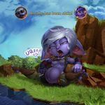  2015 abdominal_bulge breasts burping bushes drooling erect_nipples grass laying_back league_of_legends nipples open_mouth pussy river saliva spread_legs spreading text theboogie tristana video_games vore 