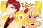  1boy 1girl beatrice blonde_hair blue_eyes blush choker english flower full-face_blush grin hair_flower hair_ornament nakamura_nano necktie red_hair rose smile string_phone trembling umineko_no_naku_koro_ni ushiromiya_battler 