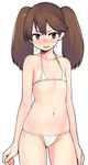  bikini blush brown_eyes brown_hair flat_chest kantai_collection long_hair micro_bikini moru_(monaka) navel ryuujou_(kantai_collection) solo standing swimsuit twintails 