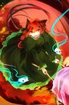  animal_ears cat_ears cat_tail dress flaming_skull floating_skull green_dress juliet_sleeves kaenbyou_rin kutsuki_kai long_sleeves multiple_tails open_mouth puffy_sleeves red_eyes red_hair smile solo tail touhou wheelbarrow 