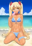  beach bikini blonde_hair brown_eyes day food glasses hal_2001lop91 highres licking long_hair popsicle retoree show_by_rock!! sitting solo swimsuit twintails 