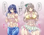  2girls abs breasts extreme_muscles huge_breasts impossible_clothes multiple_girls muscle purukogi_(plasma_beach) simple_background sweat 