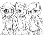  2015 anthro apple_bloom_(mlp) black_and_white blush clothed clothing condom cutie_mark_crusaders_(mlp) ear_piercing earth_pony equine fearingfun female friendship_is_magic fur hair hand_behind_back hi_res horn horse mammal monochrome my_little_pony navel one_eye_closed pegasus piercing pony scootaloo_(mlp) shorts skirt smile sweetie_belle_(mlp) unicorn wings young 