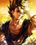  bishounen black_eyes black_hair dougi dragon_ball dragon_ball_z earrings fabulous gloves hand_on_own_head jewelry kim_yura_(goddess_mechanic) plant potara_earrings shiny spiked_hair sunlight upper_body vegetto white_gloves 