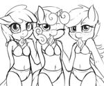  2015 anthro apple_bloom_(mlp) black_and_white blush bra clothing condom cutie_mark_crusaders_(mlp) ear_piercing earth_pony equine fearingfun female friendship_is_magic fur hair hand_behind_back hi_res horn horse mammal monochrome my_little_pony navel one_eye_closed panties pegasus piercing pony scootaloo_(mlp) smile sweetie_belle_(mlp) underwear unicorn wings young 