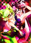  bare_shoulders callie_(splatoon) cephalopod clothing dress duo female hat humanoid inkling invidiata jewelry looking_at_viewer marie_(splatoon) marine nintendo one_eye_closed open_mouth plain_background pointy_ears sharp_teeth sibling splatoon squid teeth tentacles video_games yellow_eyes 