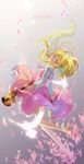  bird blonde_hair cat_princess dress instrument long_hair looking_at_viewer miyazono_kawori petals pink_dress ponytail purple_eyes shigatsu_wa_kimi_no_uso smile solo violin 