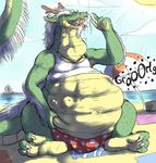  2013 anthro barefoot beach belly big_belly boat bulge claws clothed clothing cloud digestion dragon drooling duo facial_hair green_scales hair horn kalnareff male mustache neck_bulge open_mouth orlox saliva sand scalie seaside shirt sitting sky spots sun tan_scales teeth toe_claws umbrella underwear vore water white_hair 