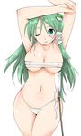  arms_up breasts budget_sarashi cleavage covered_nipples curvy frog_hair_ornament fujiwara_shun'ichi goggles gohei green_eyes green_hair hair_ornament highres kochiya_sanae large_breasts long_hair looking_at_viewer navel one_eye_closed panties sarashi smile snake_hair_ornament solo stomach sweat thick_thighs thighs touhou underboob underwear very_long_hair white_panties wide_hips 