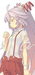  bow commentary dress_shirt fujiwara_no_mokou hair_bow long_hair morino_hon pants profile red_eyes ribbon shirt silver_hair solo suspenders torn_clothes torn_sleeves touhou very_long_hair 