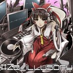  510ksk adapted_costume armpits ascot bow brown_eyes brown_hair detached_sleeves dj dress hair_bow hair_tubes hakurei_reimu headphones jitome lips long_hair looking_at_viewer phonograph red_dress ribbon short_hair sitting solo touhou turntable 