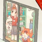  amano_keita belt brown_hair cargo_pants cat chiyoko_(oman1229) closed_eyes from_outside ghost grey_pants jibanyan multiple_tails no_shoes notched_ear open_mouth pants purple_lips red_shirt shirt short_hair socks star t-shirt tail teruterubouzu tiptoes two_tails watch whisper_(youkai_watch) window wristwatch youkai youkai_watch youkai_watch_(object) 