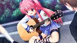  acoustic_guitar angel_beats! blue_skirt dutch_angle fang game_cg guitar instrument long_hair music na-ga open_mouth outdoors pink_hair playing_instrument pleated_skirt road school_uniform serafuku shinda_sekai_sensen_uniform sitting skirt solo_focus street yui_(angel_beats!) 