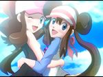  arm_around_waist blue_eyes bow brown_hair double_bun hair_bow hat hug looking_at_viewer md5_mismatch mei_(pokemon) multiple_girls one_eye_closed open_mouth pantyhose poke_ball_symbol pokemon pokemon_(game) pokemon_bw pokemon_bw2 touko_(pokemon) y@mato 