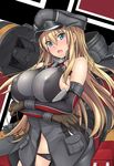  bare_shoulders bismarck_(kantai_collection) blonde_hair blue_eyes blush breast_hold breasts covered_nipples detached_sleeves gloves hat kantai_collection large_breasts long_hair mecha_musume military military_hat military_uniform open_mouth peaked_cap satou_samu solo underwear uniform 