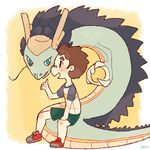  brown_hair chiyoko_(oman1229) dragon eastern_dragon katou_kouichi male_focus open_mouth seiryuu_(youkai_watch) shorts sitting solo yellow_background youkai youkai_watch 