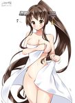  blush breasts brown_eyes brown_hair convenient_censoring eighth_note hair_ornament kantai_collection large_breasts long_hair musical_note naked_towel ponytail solo towel very_long_hair yamato_(kantai_collection) yuuki_hb 