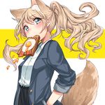  1girl animal_ears aqua_eyes bacon blonde_hair blush dog_ears dog_tail fang food food_in_mouth fried_egg hands_in_pockets highres long_hair looking_at_viewer mouth_hold original ponytail simple_background sleeves_folded_up solo tail toast toast_in_mouth umeno_(shio1205) 