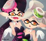  :d aori_(splatoon) black_hair breasts cleavage detached_collar domino_mask dress fangs food food_on_head gloves hikimayu hotaru_(splatoon) long_hair mask medium_breasts mole mole_under_eye multiple_girls object_on_head open_mouth orange_eyes pointy_ears short_hair silver_hair smile splatoon_(series) splatoon_1 strapless strapless_dress sushi takio white_gloves 