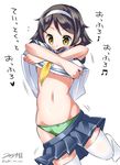  alternate_breast_size beamed_eighth_notes black_hair breasts eighth_note flying_sweatdrops green_panties hairband kantai_collection musical_note navel open_mouth panties school_uniform serafuku short_hair signature small_breasts solo striped striped_panties tanikaze_(kantai_collection) thighhighs translated twitter_username underboob underwear undressing white_hairband yellow_eyes yuuki_hb 