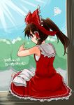  alternate_hairstyle bow brown_hair dated dress from_behind frown hair_bow hair_tubes hakurei_reimu light_rays monrooru ponytail red_eyes sarashi shrine sitting sleeveless sleeveless_dress sleeves_removed solo squiggle sunbeam sunlight sweatdrop tan tanline touhou translated 