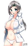  :d blouse blue_eyes blush breasts chitose_(kantai_collection) dressing grey_hair impossible_clothes kantai_collection large_breasts long_hair looking_at_viewer navel no_bra open_mouth panties smile solo underwear white_blouse white_panties yuuki_hb 
