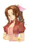  aerith_gainsborough bow bracelet brown_hair cat_princess cropped_jacket final_fantasy final_fantasy_vii green_eyes hair_bow jewelry long_hair looking_at_viewer ponytail sidelocks smile solo 