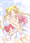  backless_dress backless_outfit bishoujo_senshi_sailor_moon blonde_hair border bu_kui chibi_chibi chibi_usa closed_eyes double_bun dress flower_(symbol) group_hug hug multiple_girls outline pink_hair smile tsukino_usagi twintails watermark web_address white_dress 