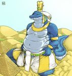  2013 anthro blue_scales bulge chubby clothed clothing crocodile crown deity desert egyptian english_text green_eyes half-dressed headpiece jewelry kalnareff kneeling looking_at_viewer macro male micro navel pyramid reptile sand scalie size_difference sobek teeth text topless 