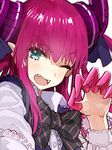  ;d bad_id bad_twitter_id bangs blue_eyes blush bow bowtie claws close-up collar elizabeth_bathory_(fate) elizabeth_bathory_(fate)_(all) fangs fate/extra fate/extra_ccc fate_(series) frills gothic_lolita hair_ribbon horns lolita_fashion long_hair looking_at_viewer official_art one_eye_closed open_mouth pink_hair pointy_ears ribbon simple_background smile solo teeth two_side_up upper_body wada_aruko white_background 