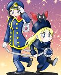  a-king animal animal_on_head bangs black_cat black_hair blonde_hair blue_eyes blush boots cat cat_on_head coat conductor_(ginga_tetsudou_999) conductor_(ginga_tetsudou_999)_(cosplay) cosplay from_side full_body ginga_tetsudou_999 gloves gradient gradient_background hat light_smile long_coat long_hair long_sleeves looking_at_viewer looking_to_the_side maetel maetel_(cosplay) multiple_girls nichijou number on_head pants peaked_cap pom_pom_(clothes) professor_shinonome rope sakamoto_(nichijou) salute shadow shinonome_nano shoes short_hair sidelocks smile sparkle uniform watch winding_key wristwatch |_| 