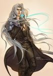  armor belt blue_eyes bug butterfly final_fantasy final_fantasy_vii gradient gradient_background insect long_coat long_hair male_focus sephiroth shoulder_armor solo sword trail very_long_hair virus-ac74 watermark weapon web_address white_hair 