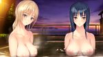  bathing blonde_hair blue_eyes blue_hair blush breasts fujiki_kikyou game_cg ichikawa_saasha jounoin_kaho large_breasts long_hair looking_at_viewer multiple_girls neyuki_no_gen'ei nipples onsen partially_submerged smile sunset water 