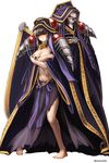  1girl ainz_ooal_gown ainz_ooal_gown_(cosplay) aken barefoot black_hair blush cosplay covering covering_breasts full_body hair_over_eyes highres hood lich narberal_gamma overlord_(maruyama) shoulder_pads skeleton skull standing twitter_username 
